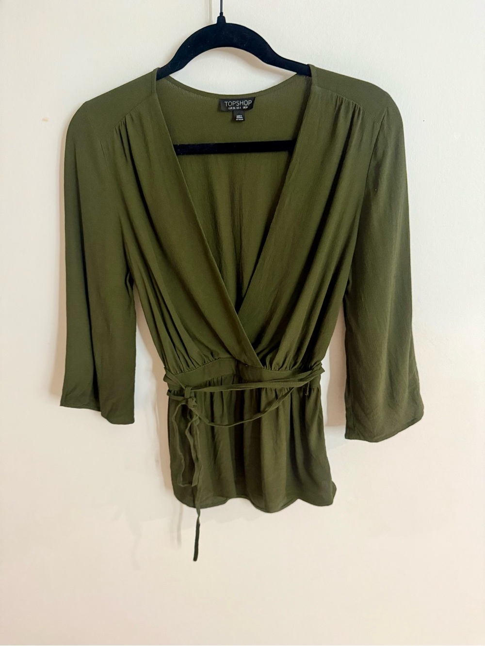 TOPSHOP Olive Wrap Blouse with Self-Tie Waist